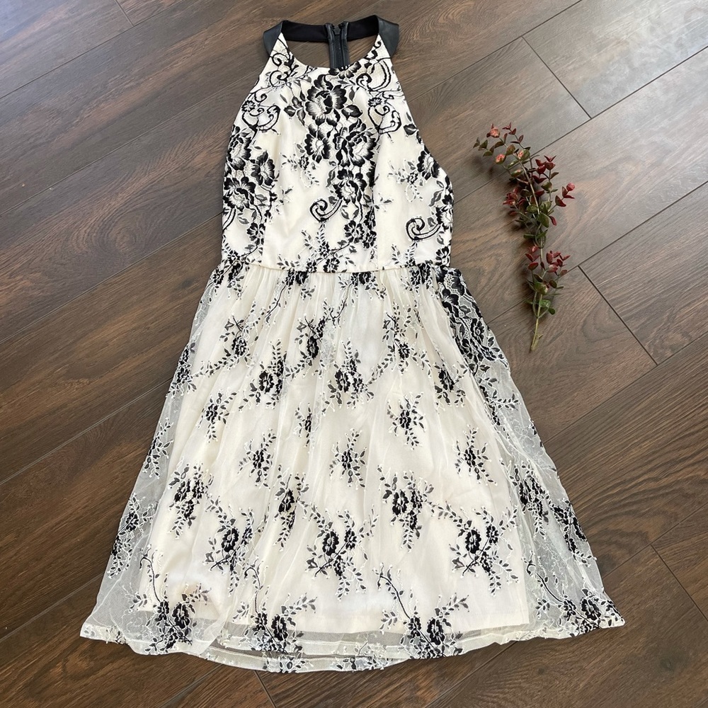 Alice and Olivia white lace dress with black floral details